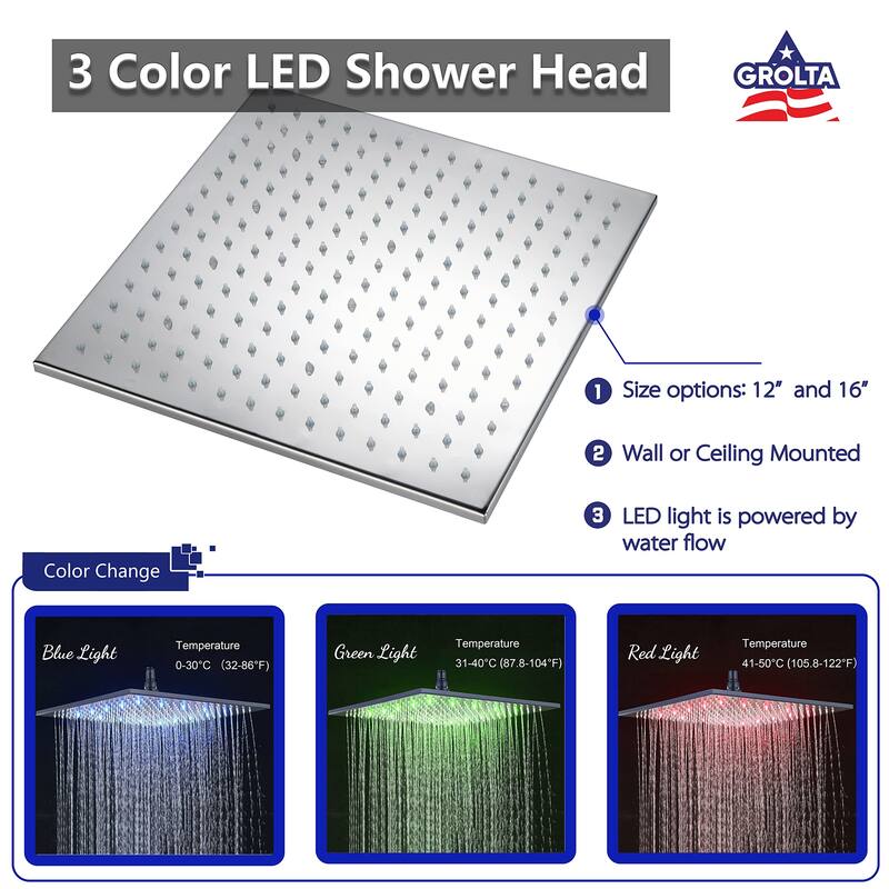 16" LED Wall Mount Rainfall 3 Way Thermostatic Shower System with Slide Bar, 6 Jets