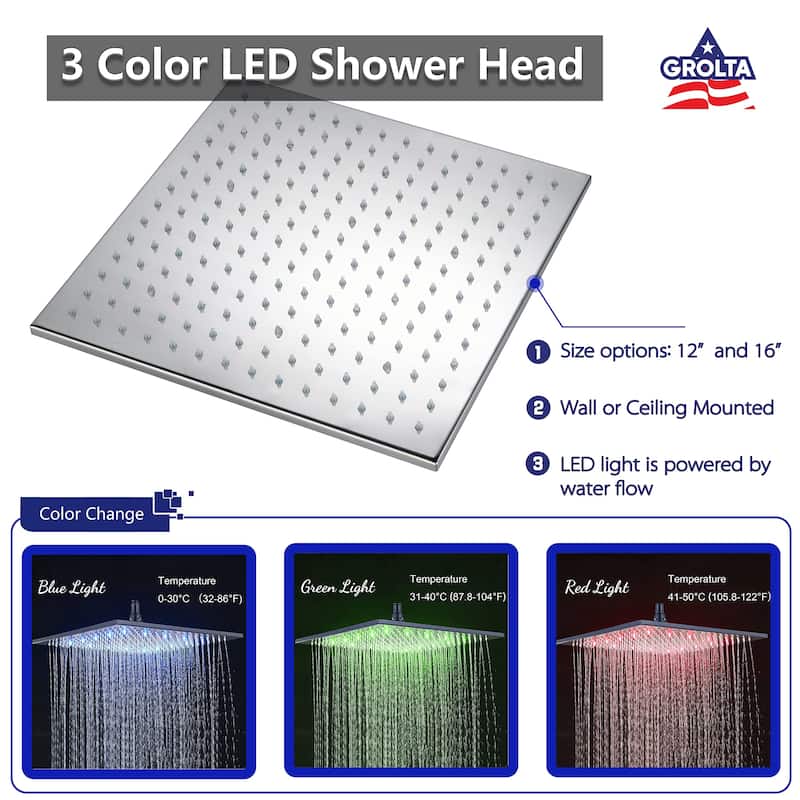 Chrome 16" LED Rainfall Shower X3 Thermostatic Faucet System w/ Slide Bar, 6 Jets