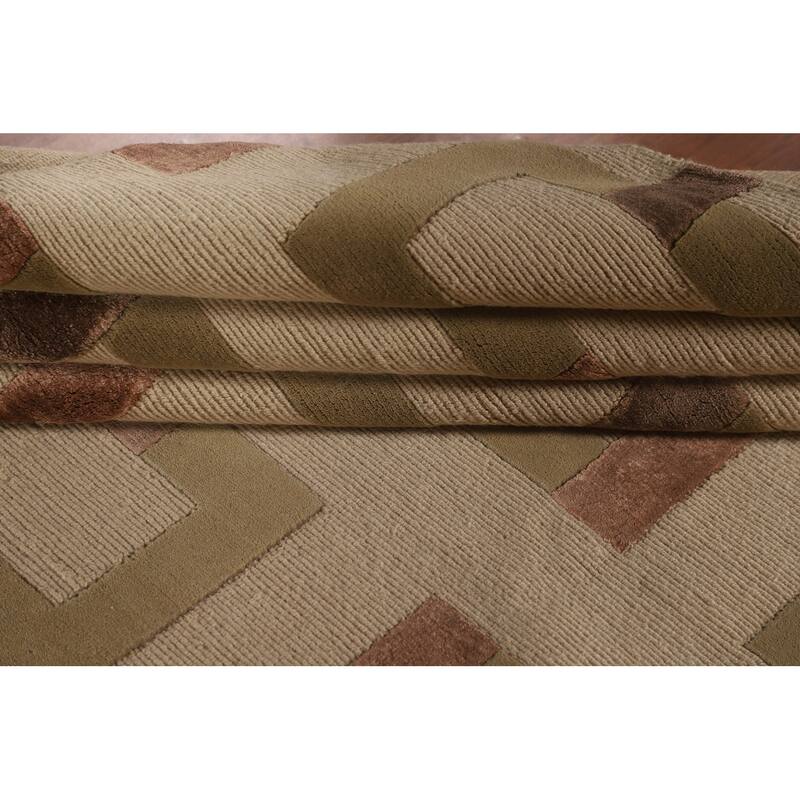 Geometric Beige Nepalese Oriental Area Rug Hand-Knotted Wool Carpet - 9'1" x 12'1"