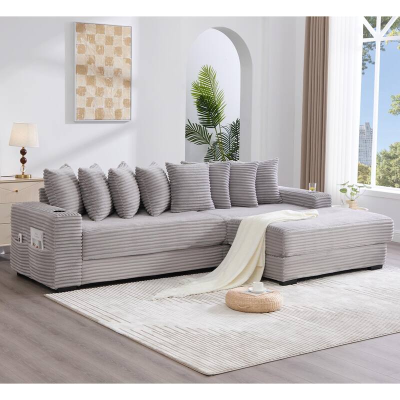 110.75" Corduroy Sectional Sofa, Convertible Sleeper Sofa Bed L-Shaped Upholstered Couch with Removable Footstool, Cup Holder
