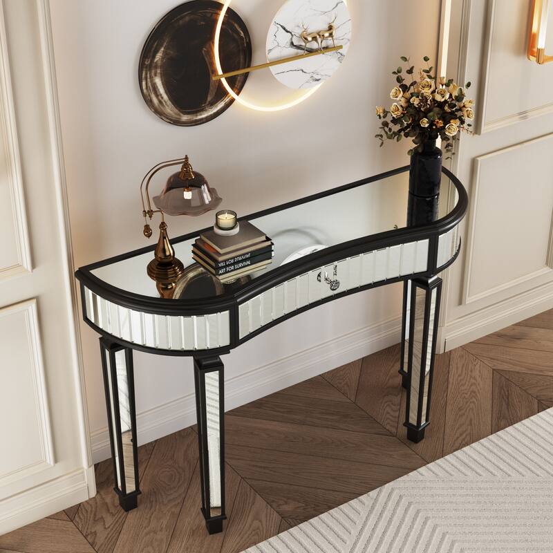 Roomfitters 47" Half-Moon Mirrored Console Table, Fluted Glass Entryway Vanity with Crystal Knob Drawer