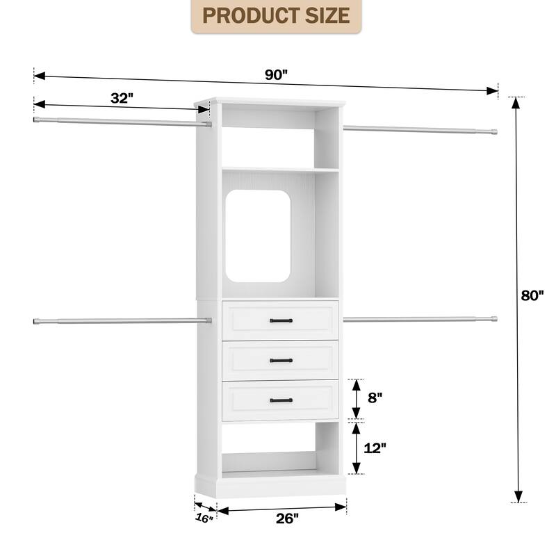 90'' W Closet System with Extendable Hanging Rods & Mirror,Walk-in Closet Organizer System Starter Kit with Drawers