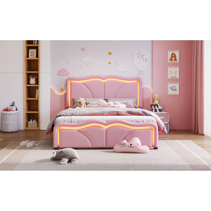 Roomfitters Twin/Full Size Upholstered Platform Bed with LED Light Headboard and Footboard, Wave Shaped Padded Frame, Pink