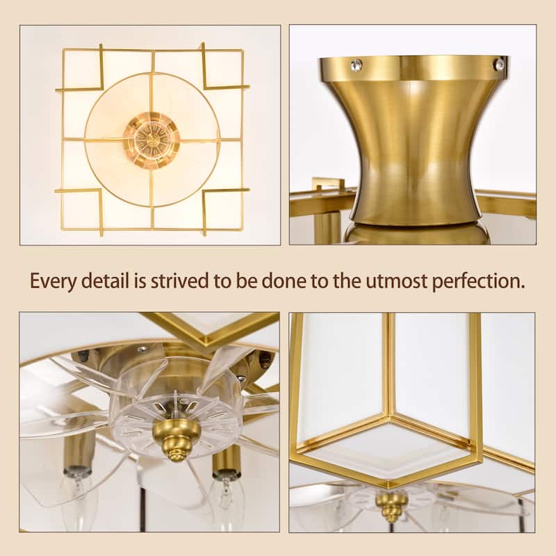 Olapine Square White Gold Trim Tiffany Glass Lighted Ceiling Fandelier with Remote