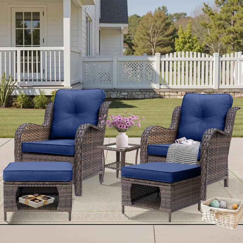 5 Piece Outdoor Wicker Patio Conversation Chair with Ottoman Set