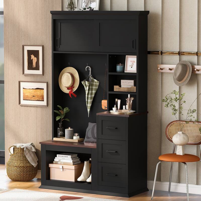 Coat Rack w/ 3 Shelves and Drawers,Hooks,Hall Tree with Storage Bench