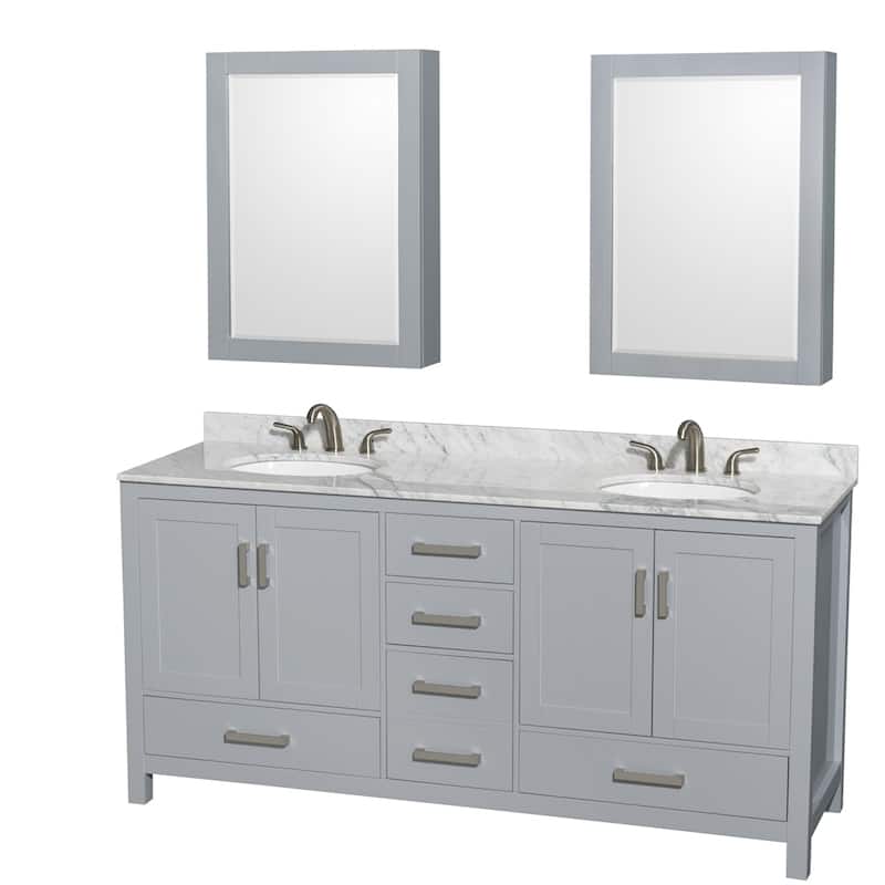 Wyndham Collection Sheffield Double Vanity Set, Medicine Cabinets - 72-Inch Double - Gray, White Carrara Marble Top, Chrome Trim