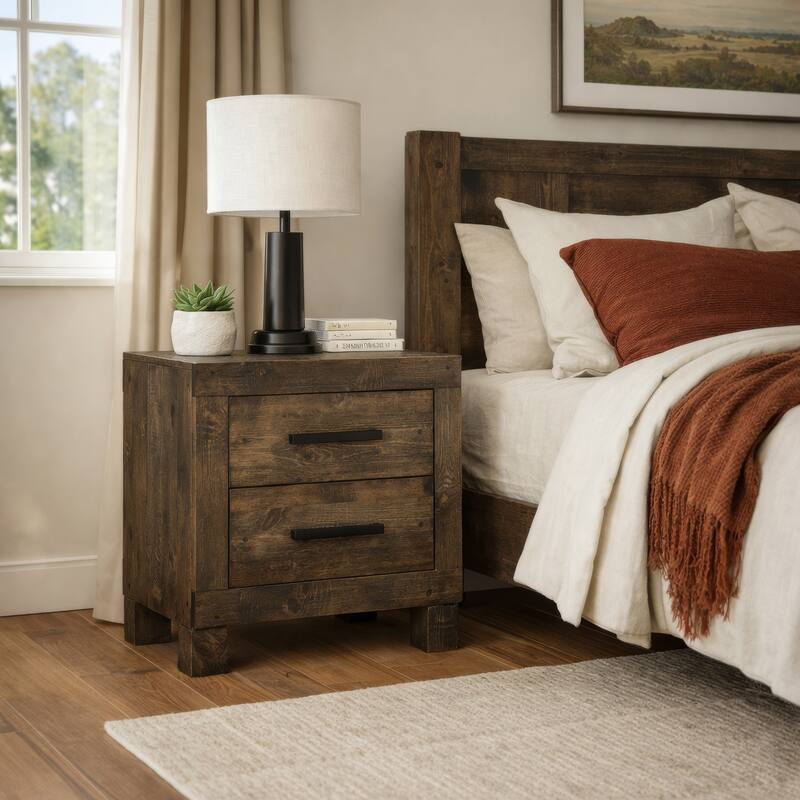 Wooden Nightstand with 2 Drawers and Grain Details, Brown