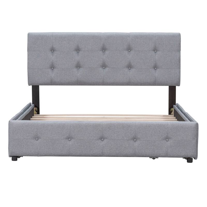 Queen Upholstered Bed Frame with 4 Drawers, Linen Fabric Platform Storage Bed with Classic Headboard and Wooden Slats Support