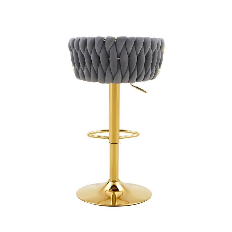 Set of 2 Modern Luxury Velvet Braided Bar Stool with Adjustable Height, Metal Base & Woven Rope Backrest