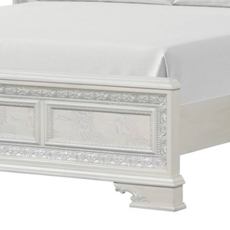 Miamy King Bed, Creamy White Wood, Panel Design, Silver Brushed Accents
