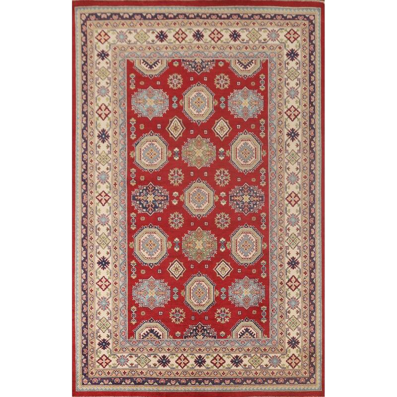 Kazak Oriental Area Rug Hand-Knotted Geometric Red Wool Carpet - 6'6"x 9'10"