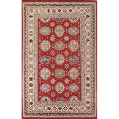 Kazak Oriental Area Rug Hand-Knotted Geometric Red Wool Carpet - 6'6"x 9'10"