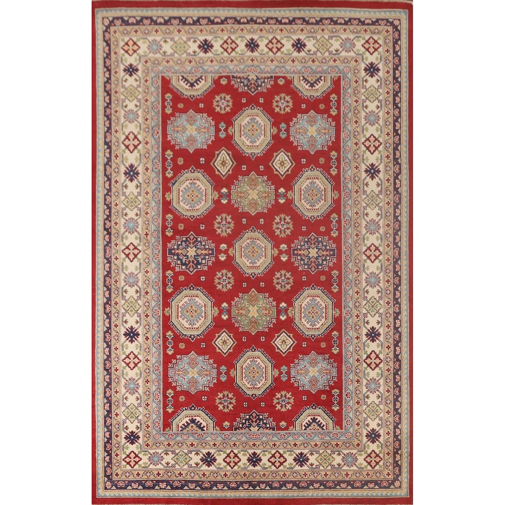 Kazak Oriental Area Rug Hand-Knotted Geometric Red Wool Carpet - 6'6"x 9'10"