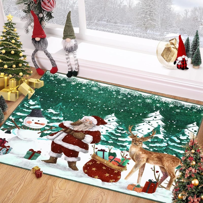 Soft Non-Slip Washable Christmas Santa Claus Area Rugs, Xmas Holiday Decor, Green - 2*3ft