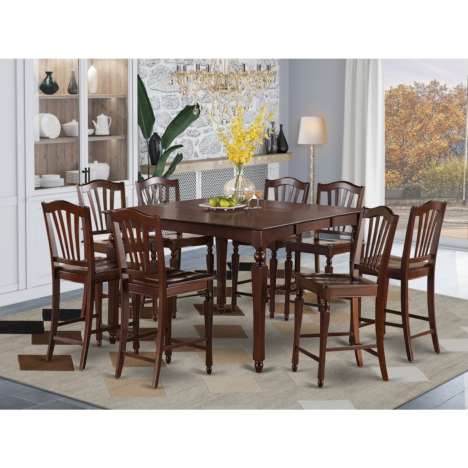HomeStock 9-Piece Square Mahogany Finish Solid Wood Top Dining Table with 8-Chairs