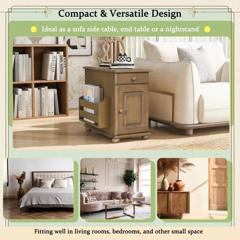 Retro Flip-Top End Table – USB Ports, Cup Holder Drawer & Bookshelf, Ideal for Small Spaces.
