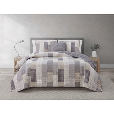 DESIGN STUDIO Lakeshore Plaid Grey Soft Cotton Quilt Set