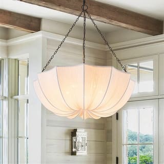 5-Light White Fabric Shade Pendant Light for Living Room - Black White