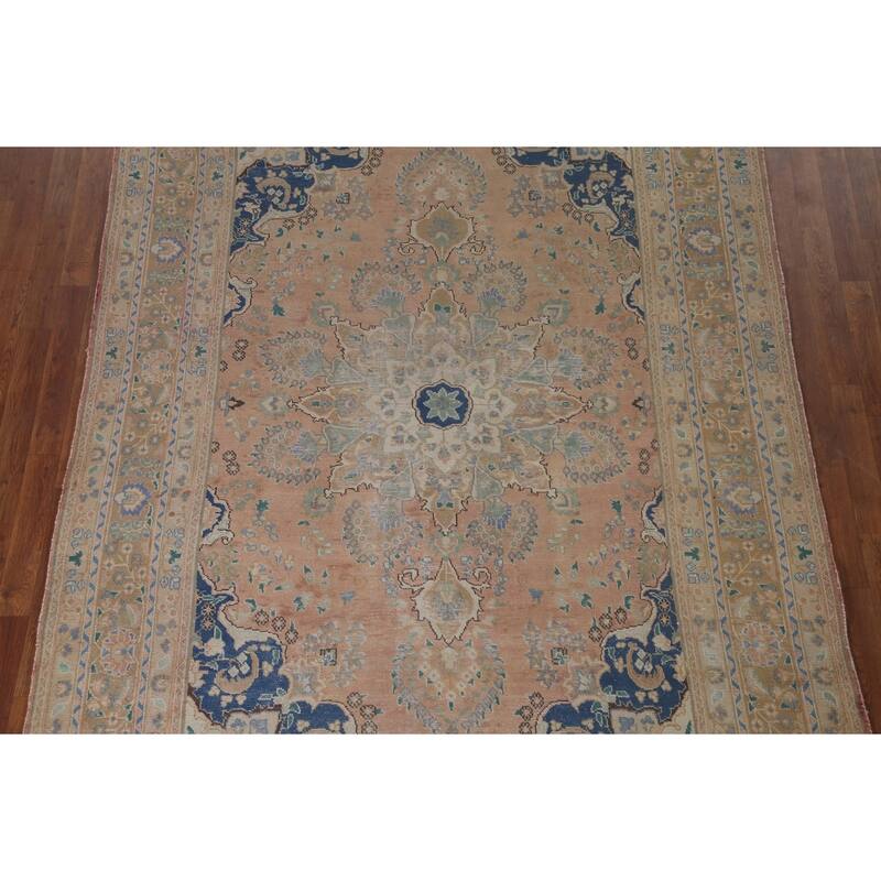 Distressed Mashad Persian Antique Area Rug Handmade Wool Carpet - 6'6" x 9'8"