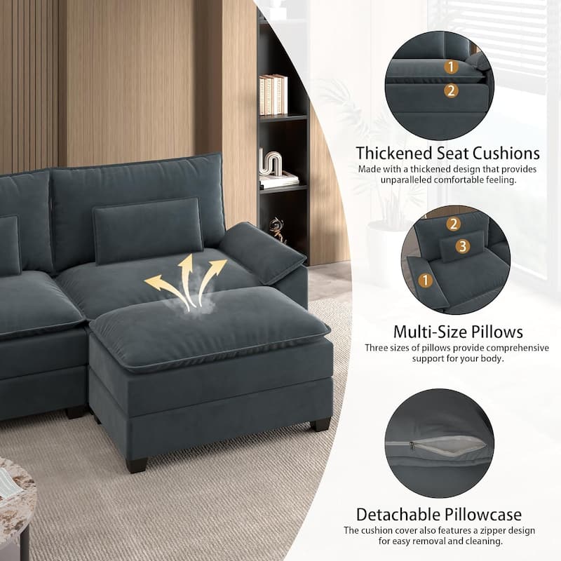 Kullavik Cloud Chenille L-Shaped Sofa, Modular Sectional Sofa with Ottoman, Throw Pillows and Double Layered Cushion