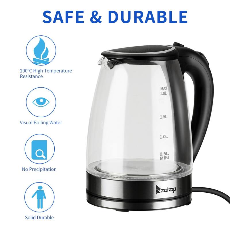 1500W 1.8L Electric Glass Tea Kettle Hot Water Kettle with Auto Shutoff Protection, Stainless Steel Lid & Bottom