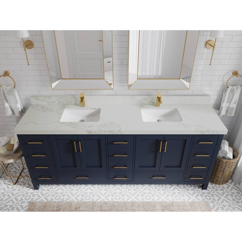 Willow Collection 84 in. W x 22 in. D Malibu Double Sink Bathroom Vanity with Countertop - 2" Calacatta Nuvo - Navy Blue