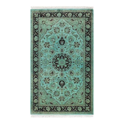 Overton Hand Knotted Wool Vintage Inspired Modern Contemporary Overdyed Blue Area Rug - 3' 2" x 5' 3"