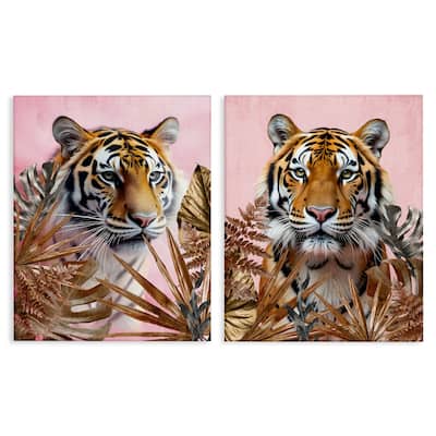 Stupell Fierce Tigers & Gold Leaves Canvas Wall Art Design By Kim Allen (Set of 2)