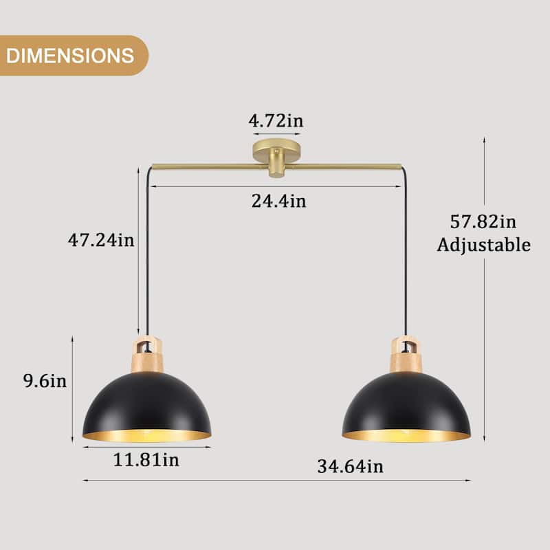 2-Light Metal Dome Hanging Foyer Pendant Light Island Chandelier for Dining Room