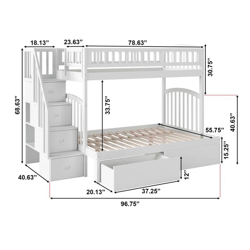 AFI Westbrook Twin over Full Size Staircase Bunk Bed with Bed Drawers & Charging Station in White