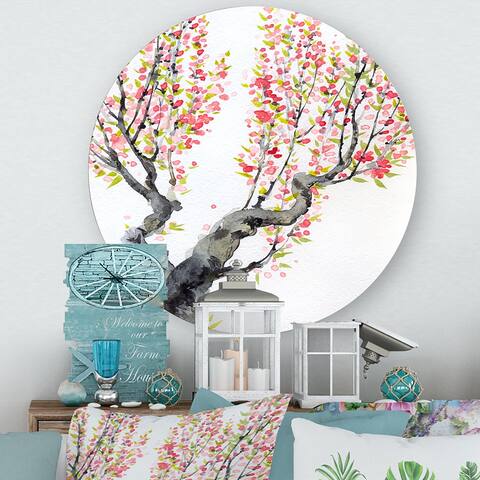 Designart 'Spring Red Flowers On Tree Branches' Traditional Metal Circle Wall Art