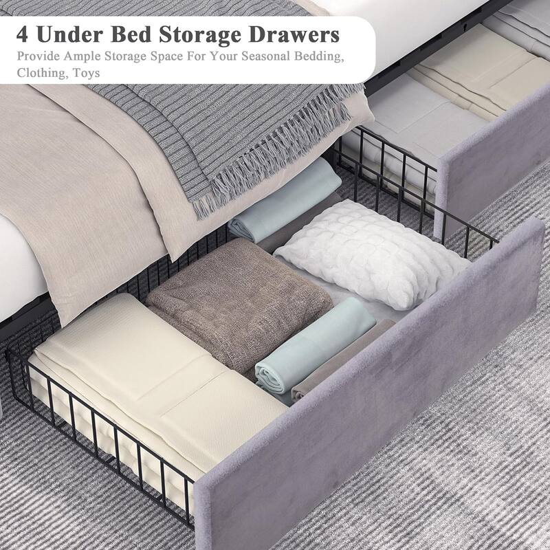 VECELO Upholstered Storage Bed Frames with 4 Storage Drawers, Platform Bed Frame with Adjustable Velvet Rivets Headboard