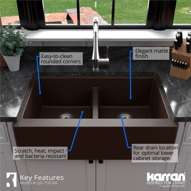 Karran Farmhouse Apron Front Quartz Double Bowl Kitchen Sink