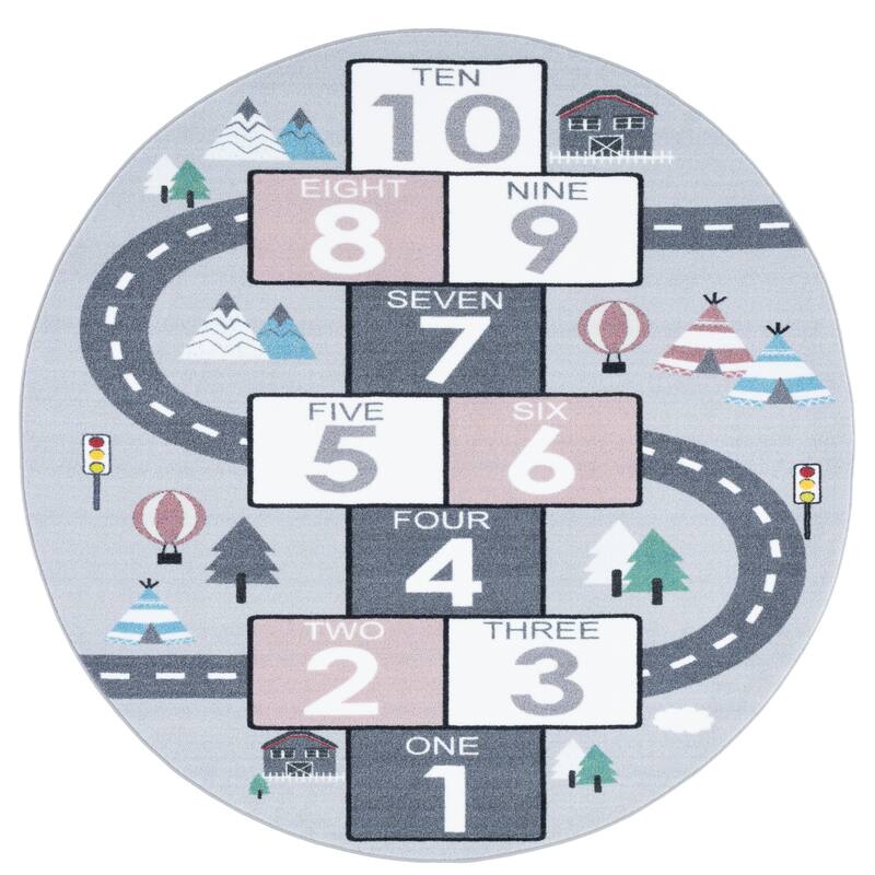 SAFAVIEH Kids Playhouse Machine Washable Slip Resistant Arendine Hopscotch Area Rug - 5' x 5' Round - Grey/Pink