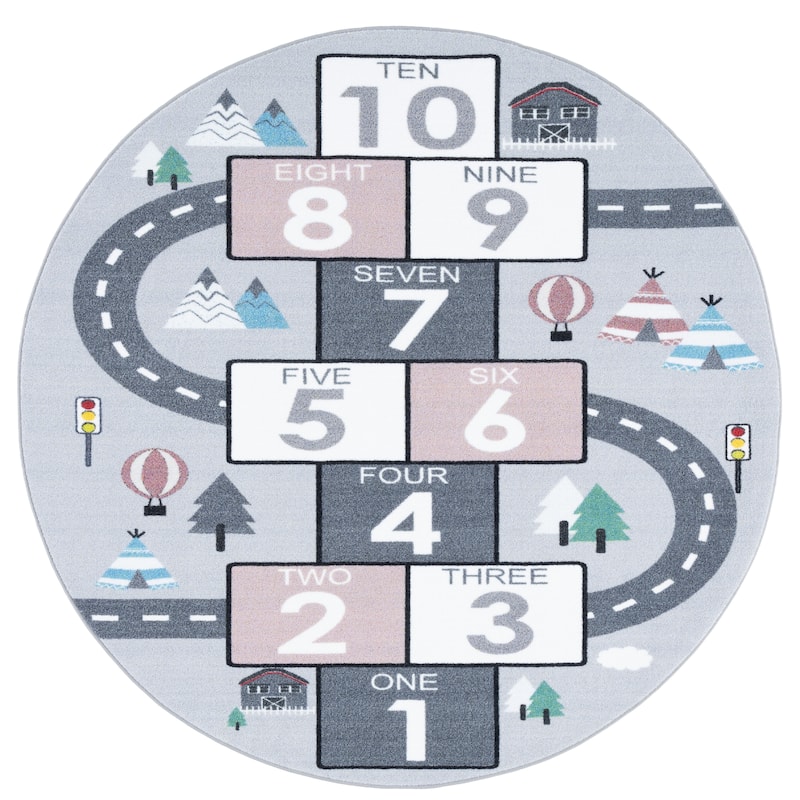 SAFAVIEH Kids Playhouse Machine Washable Slip Resistant Sunny Hopscotch - 3' Round - Grey/Pink