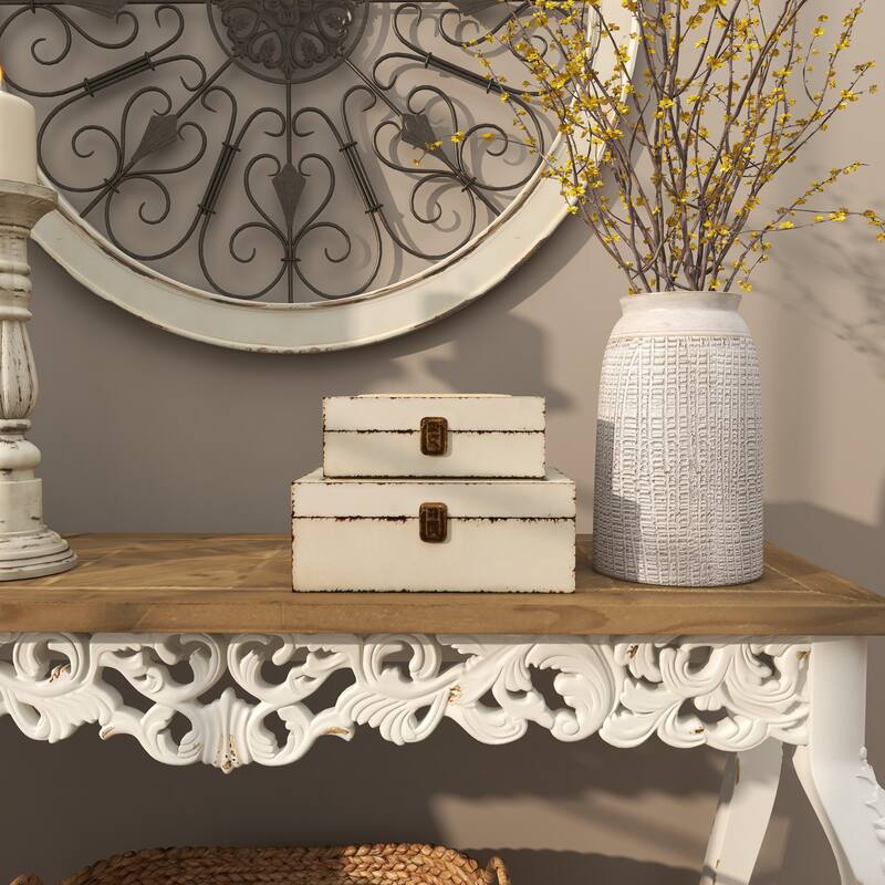 White Wooden Decorative Box with Hinged Lid (Set of 2)