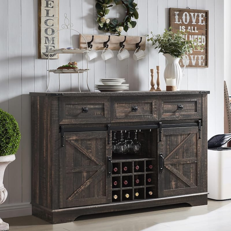 Farmhouse Bar Cabinet, Coffee/Wine Bar Cabinet w/Wine & Glass Rack - Dark Rustic Oak