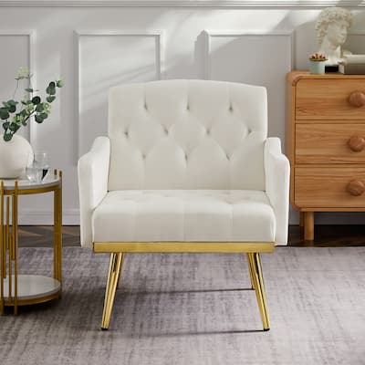 cream white velvet armchair with metal legs