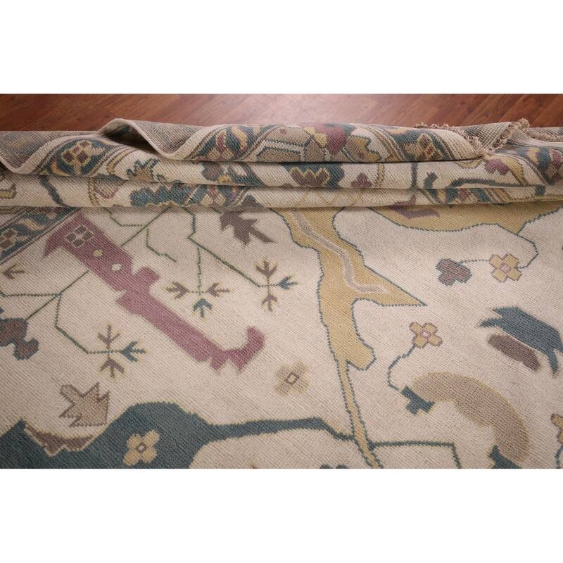 All-Over Ivory Oushak Indian Large Area Rug Handmade Wool Carpet - 12'0" x 14'10"