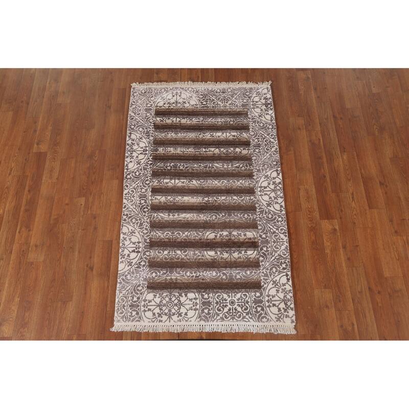 Striped Abstract Accent Rug Handmade Oriental Grey Wool Carpet - 2'10"x 4'6"