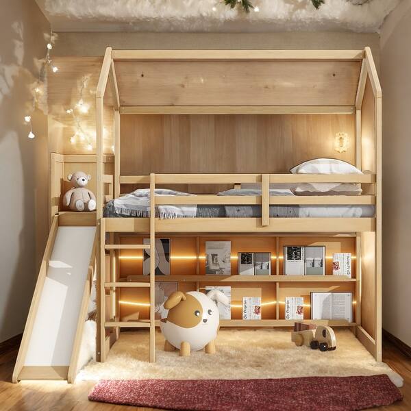 slide 2 of 14, Modern 3 Beds In 1 Twin Size Wood House Loft bed With Slide,Storage Shelves And Light Natural