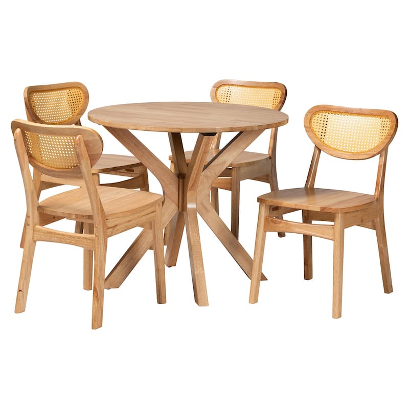 Donato Mid-Century Oak Brown Finished Wood and Rattan 5-Piece Dining Set