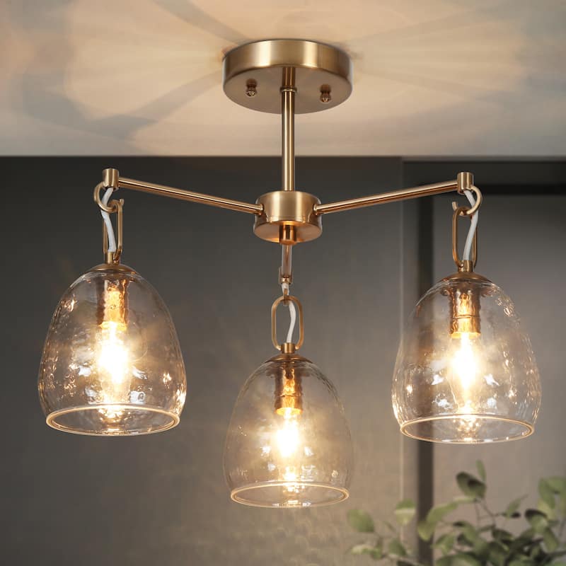 Blobfish Modern Gold 3-Light Chandelier Glass Wheel Semi-Flush Mount Lighting for Dining Room - D19.3"* H14.4" - D19.3"* H14.4" - Gold