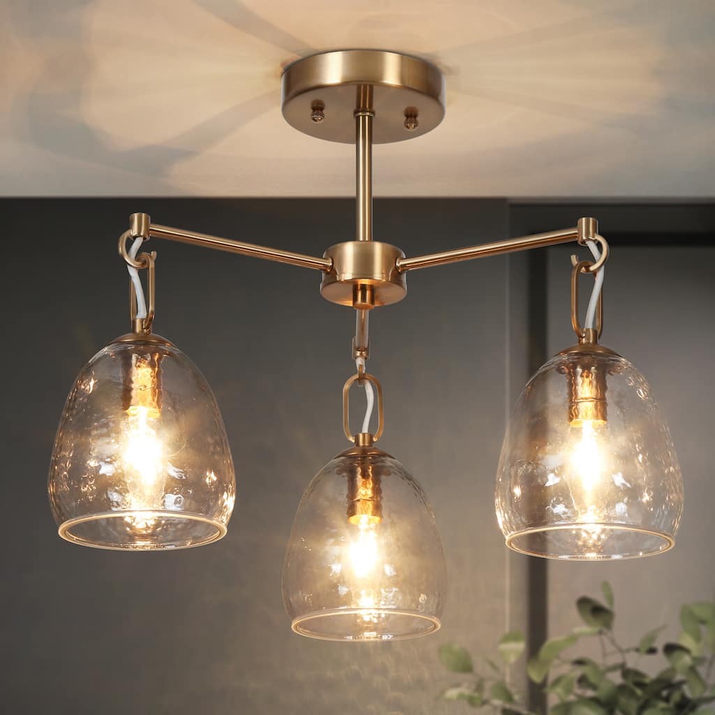 Blobfish Modern Gold 3-Light Chandelier Glass Wheel Semi-Flush Mount Lighting for Dining Room - D19.3"* H14.4"