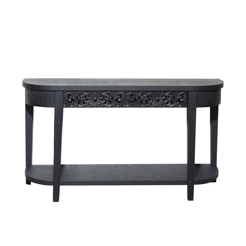 59.2" Wood Carved Entryway Console Table with Open Shelf and 2 Drawers - Black