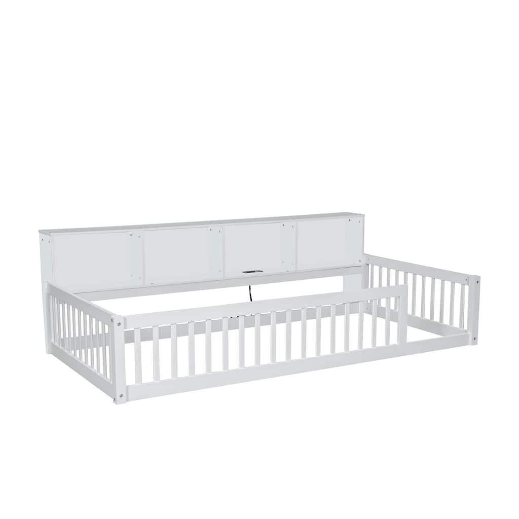 Twin XL Wood Floor Bed with Built-in Storage Cabinets, USB Ports, and Semi-Enclosed Fence Design for Kids and Teens