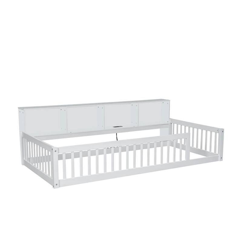 Twin XL Wood Floor Bed with Built-in Storage and Charging Ports