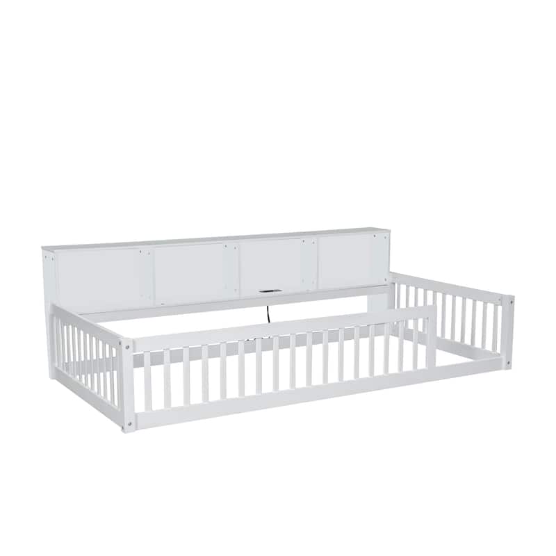 Wood Twin XL Size Floor Bed with Storage Cabinets and USB Ports, Solid Wood Bedframe w/Fence, No Box Spring Needed
