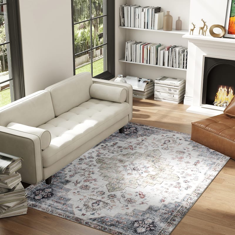 HOMCOM 4x6 Area Rug, Vintage Machine Washable Rug, Non-Slip Floor Carpet for Living Room, Bedroom, Dining Room, Home Office